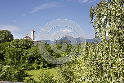 Olot, Spain, May 1, 2020 - Sant Francesc Church on Volca Montsacopa Editorial Stock Photo