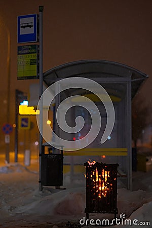 Olsztyn, Poland - February 8, 2021 - Frosty Winter in Olsztyn seeded hand heater at bus stops Stock Photo