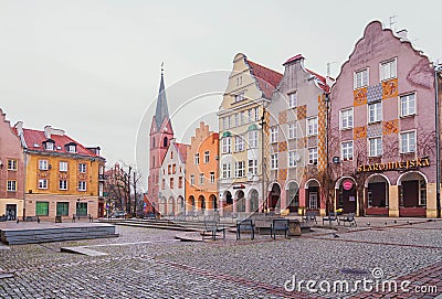 Olsztyn, Poland 2017. 11. 30. main square of the Old Town, ghotic town hall in Olsztyn old city. Old central city street. Editorial Stock Photo
