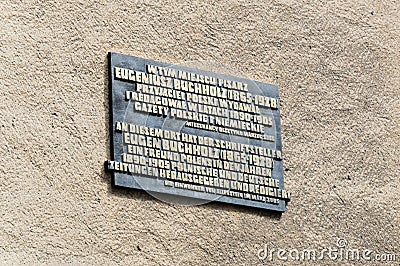 Plaque commemorating the place where Eugeniusz Buchholz worked. Editorial Stock Photo