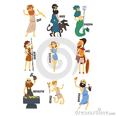 Olympian Greek Gods set, Dionysus, Hermes, Hephaestus,Zeus, Hades, Poseidon, Aphrodite, Artemis ancient Greece mythology Vector Illustration