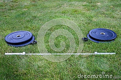 Olympic barbell with black weight plates on a green lawn, ready for an outdoor workout Stock Photo