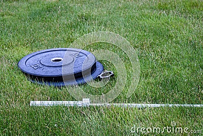 Olympic barbell with black weight plates on a green lawn, ready for an outdoor workout Stock Photo