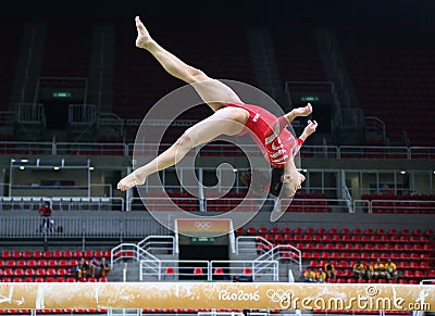 Olympic champion Laurie Hernandez of United States practices on the balance beam before women`s all-around gymnastics at Rio 2016 Editorial Stock Photo