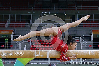 Olympic champion Laurie Hernandez of United States practices on the balance beam before women`s all-around gymnastics at Rio 2016 Editorial Stock Photo