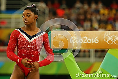 Olympic champion Simone Biles of United States before final competition on the balance beam women`s artistic gymnastics Rio 2016 Editorial Stock Photo