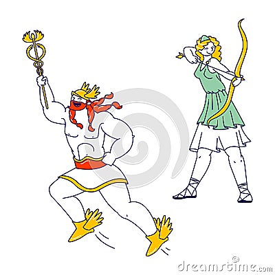 Olympic Gods Hermes or Mercury Patron of Trade and Youth and Ancient Goddess of Hunters Artemis or Diana Vector Illustration