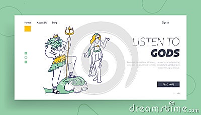 Olympic Gods Landing Page Template. Poseidon or Neptune God of Sea and Ocean and Aphrodite or Venus Goddess of Love Vector Illustration