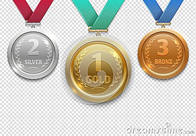 Olympic gold, silver and bronze award medals, winner honor prize vector set Vector Illustration