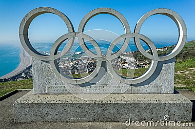 Olympic Rings and Chesil Beach in Dorset, UK Editorial Stock Photo