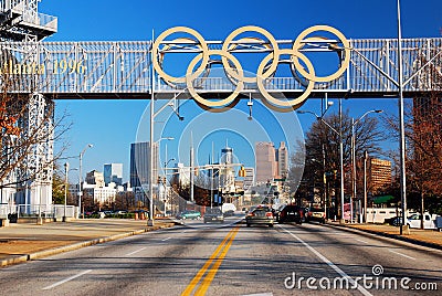 The Olympic Rings over the Atlanta skyline Editorial Stock Photo