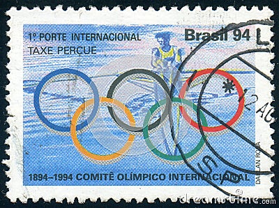Olympic rings, Oarsman, International Olympic Committee IOC Centenary, circa 1994 Editorial Stock Photo