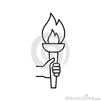 Olympic torch with fire in hand, line icon. Burning Olympic torch symbol of sport games. Competition of athletes in Vector Illustration