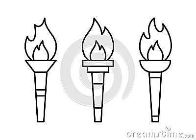 Olympic torch with fire, line icon set. Burning Olympic torch symbol of sport games. Competition of athletes in sport Vector Illustration