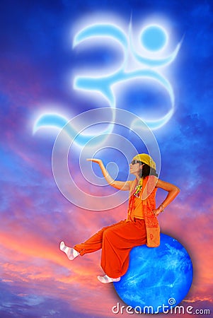 Om Symbol Planet Person Sunset sky Stock Photo