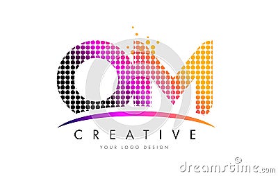 OM O M Letter Logo Design with Magenta Dots and Swoosh Vector Illustration