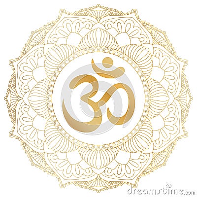 Om symbol in decorative round mandala ornament. Stock Photo