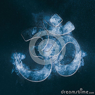 Om symbol. Hindu religion. Abstract night sky background. Stock Photo