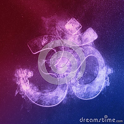 Om symbol Red Blue. Hindu religion. Abstract night sky background Stock Photo
