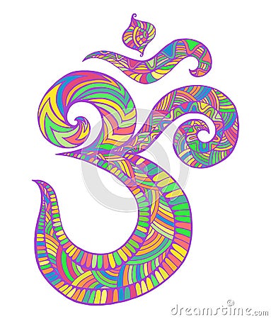 Om symbol sacred sound colorful pattern with maze of ornaments. Psychedelic stylish element Aum. Vector hand drawn Vector Illustration