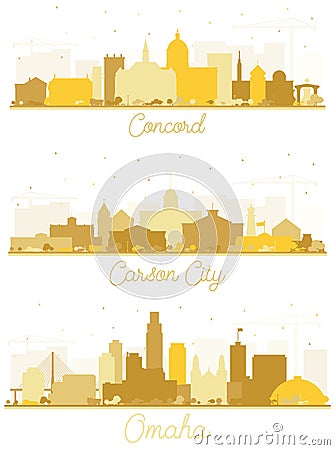 Omaha Nebraska, Carson City Nevada and Concord New Hampshire City Skyline Silhouette Set Stock Photo