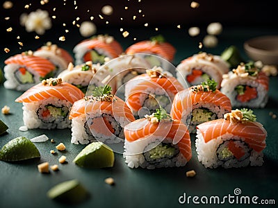 Omakase, Japanese cuisine, sushi roll, nigiri, and sashimi, cinematic advertising Stock Photo