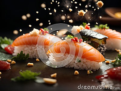 Omakase, Japanese cuisine, sushi roll, nigiri, and sashimi, cinematic advertising Stock Photo