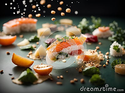 Omakase, Japanese cuisine, sushi roll, nigiri, and sashimi, cinematic advertising Stock Photo