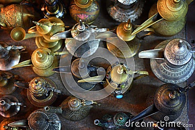 Oman: Arabic coffee pots in Mutrah souk Stock Photo