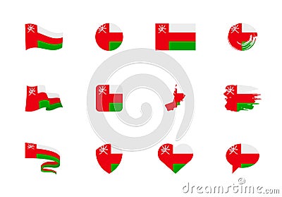 Oman flag - flat collection. Flags of different shaped twelve flat icons Cartoon Illustration