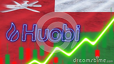 Oman Flag with Neon Light Effect Huobi Logo Radial Blur Effect Fabric Texture 3D Illustration Stock Photo