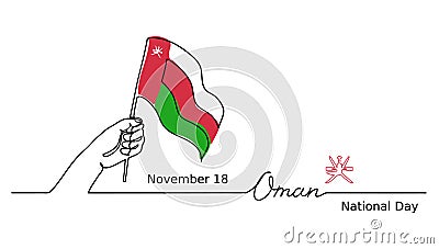 Oman National Day illustration with hand, flag, lettering. One continuous line drawing concept Vector Illustration