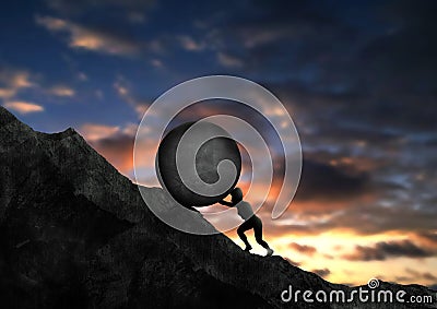 Woman pushing big rock uphill. Sisyphus businesswoman Stock Photo