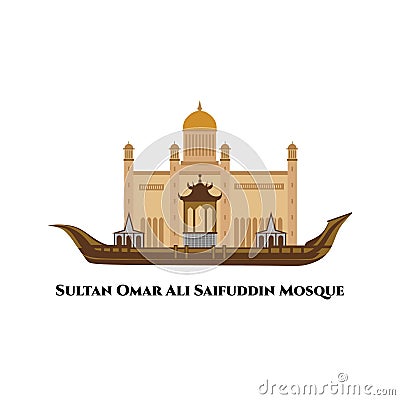 Omar Ali Saifuddien Mosque. An Islamic mosque in Bandar Seri Begawan, the capital of Brunei. Flat cartoon style historic sight Cartoon Illustration