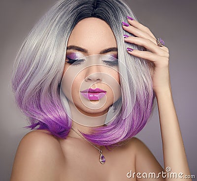 Ombre bob hair coloring woman. Beauty Portrait of blond model wi Stock Photo