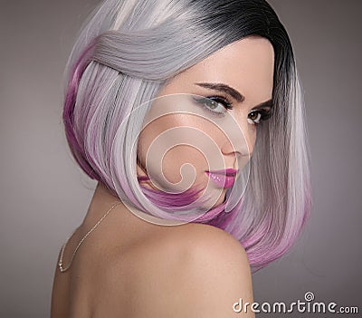 Ombre bob short hairstyle. Beautiful hair coloring woman. Fashion Trendy haircut. Blond model with short shiny hairstyle. Concept Stock Photo