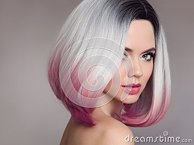 Ombre bob short hairstyle. Beautiful hair coloring woman. Fashion Trendy haircut. Blond model with short shiny hairstyle. Concept Stock Photo