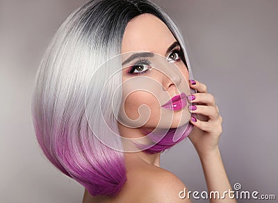 Ombre hairstyle. Beauty makeup and manicure nails. Colored blond Stock Photo