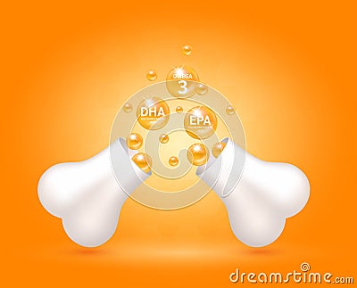 Omega 3 DHA EPA float out of the bone capsule. Help heal arthritis knee joint, pain in leg. Healthy bones on a orange background Vector Illustration