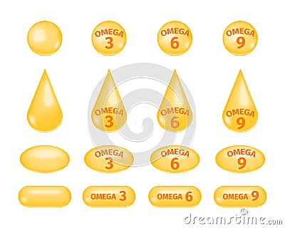 Omega fatty acids 3, 6 and 9. Golden drops and pills of fish oil set. Polyunsaturated fats icons isolated on white Vector Illustration