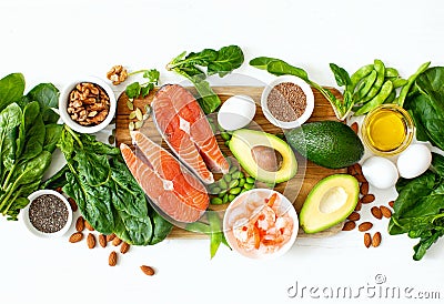 Omega 3 natural food sources concept, top down view Stock Photo