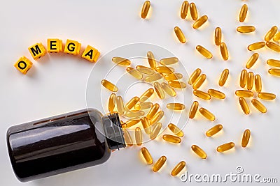 Omega pills bottle on white background. Stock Photo