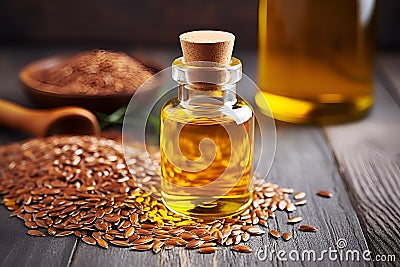 Omega 3 rich Golden Flaxseed Oil in Glass Bottles with Seeds, wooden table. Natural supplements for healthy eating. Linseed oil in Stock Photo