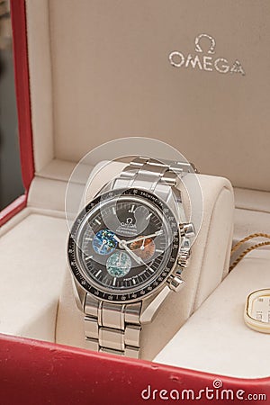 Omega Speedmaster limited edition wristwatch, in display box for sale. Editorial Stock Photo