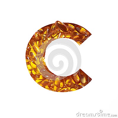 Omega supplement. Letter C of alphabet of oil fish pills and paper cut isolated on white. Golden typeface for pharmacy Stock Photo