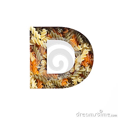 Omega supplement. Letter D of alphabet of oil fish pills and paper cut isolated on white. Golden typeface for pharmacy Stock Photo