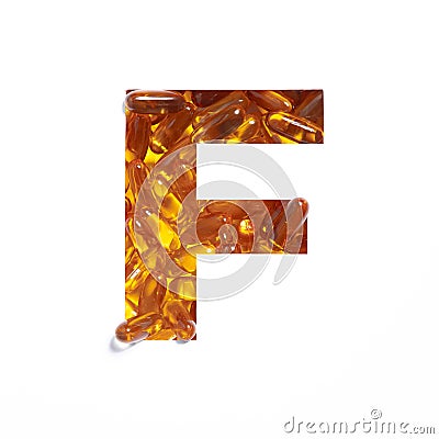 Omega supplement. Letter F of alphabet of oil fish pills and paper cut isolated on white. Golden typeface for pharmacy Stock Photo