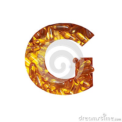 Omega supplement. Letter G of alphabet of oil fish pills and paper cut isolated on white. Golden typeface for pharmacy Stock Photo