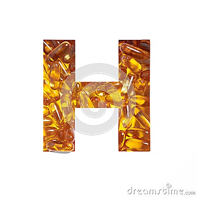 Omega supplement. Letter H of alphabet of oil fish pills and paper cut isolated on white. Golden typeface for pharmacy Stock Photo