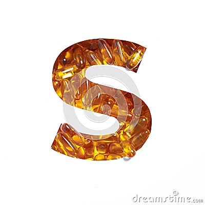 Omega supplement. Letter S of alphabet of oil fish pills and paper cut isolated on white. Golden typeface for pharmacy Stock Photo